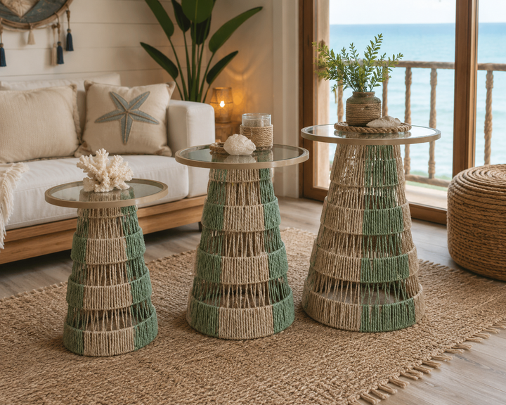 Handwoven Rattan & Glass Accent Side Table Set of 3