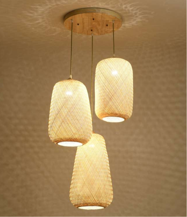 Triple Pendant Light with Woven Bamboo Shades