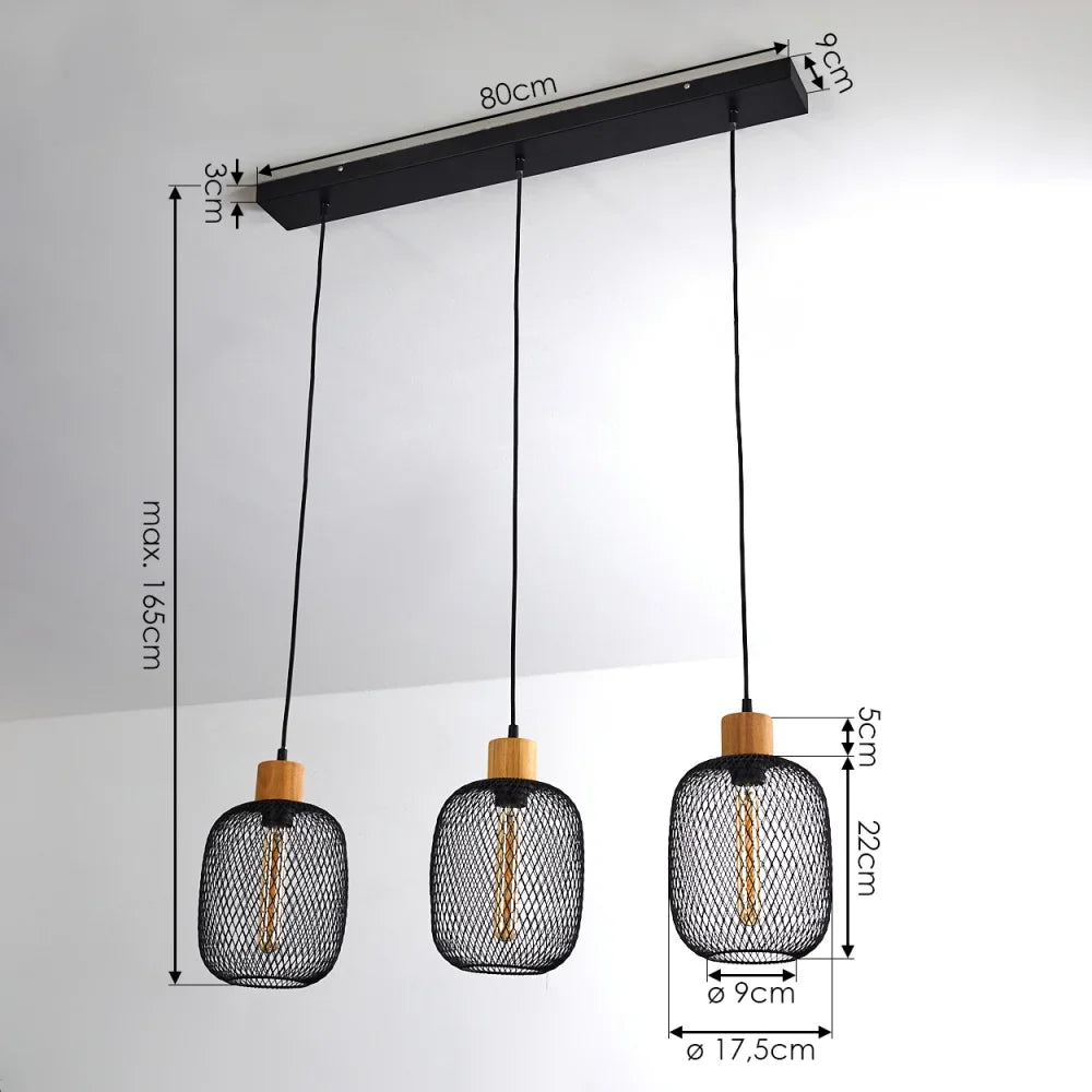 Industrial Mesh Pendant Light with Wooden Accent