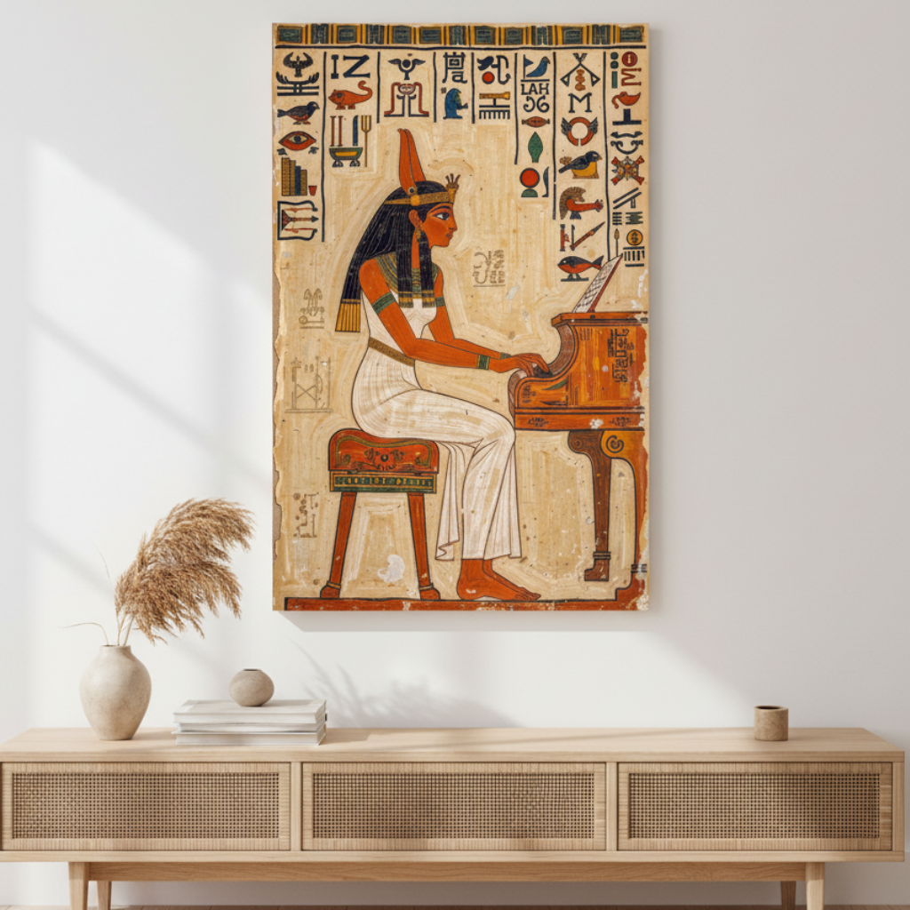Ancient Egyptian Queen artwork on papyrus-style canvas with hieroglyphics and classical instrument, framed in MDF with glass front