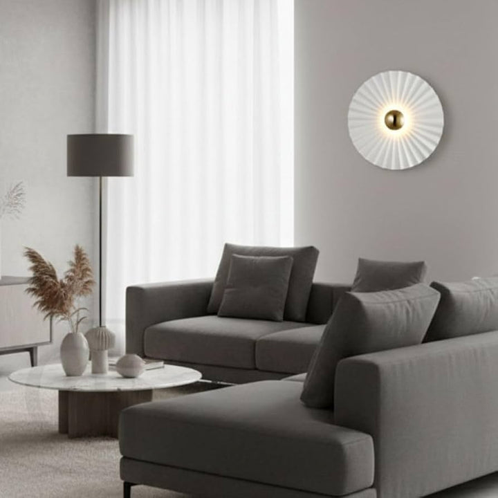 White Pleated Round Wall Sconce