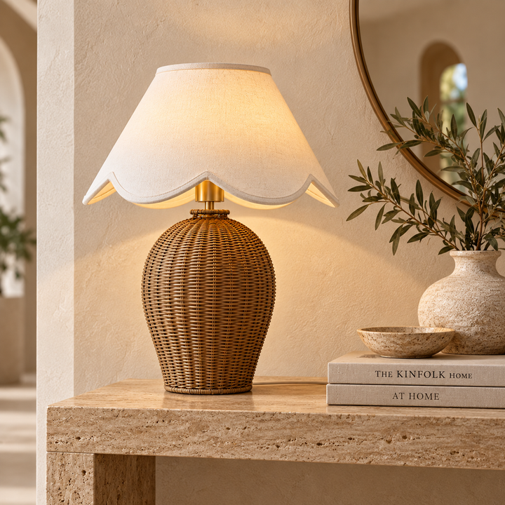 Rattan Table Lamp with Scalloped Linen Shade