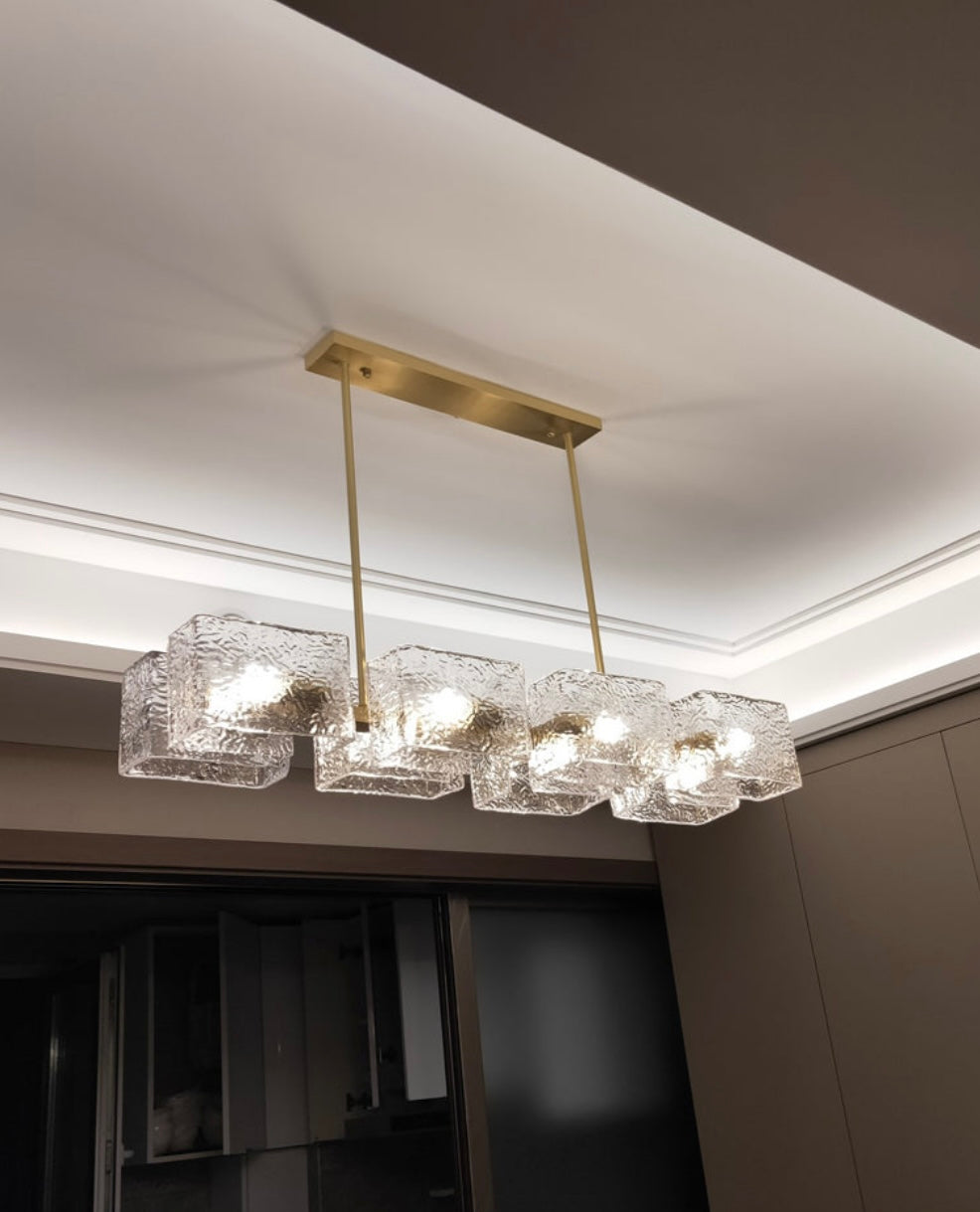 Modern Linear Chandelier with Glass Cubes and Gold Frame