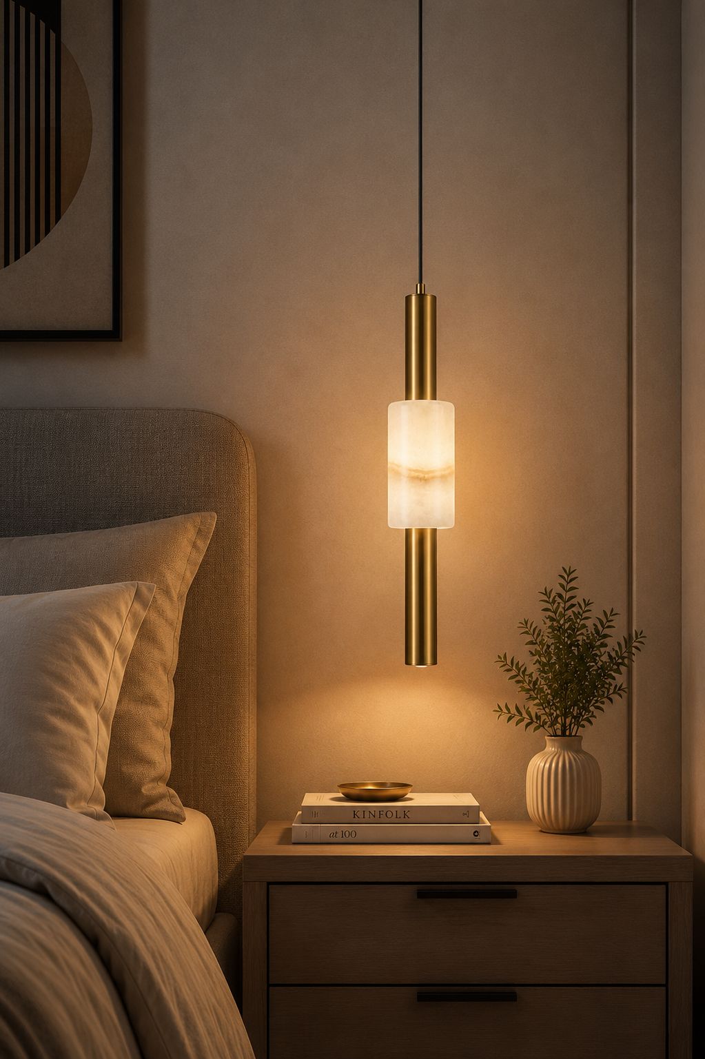 Modern Brass and Alabaster Cylinder Pendant Light