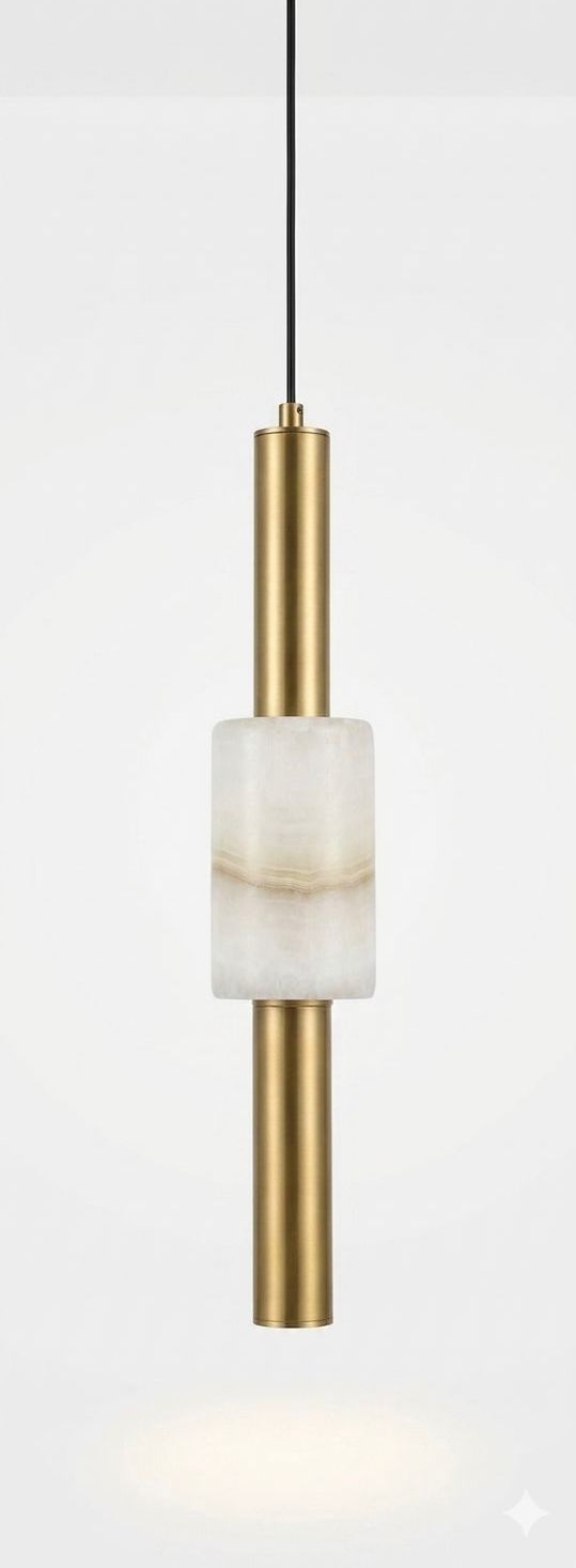 Modern Brass and Alabaster Cylinder Pendant Light