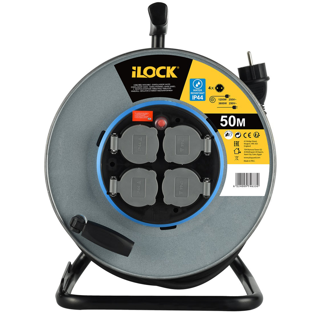 Metal Cable Reel with 4 Schuko Sockets and Extension Cord 50m