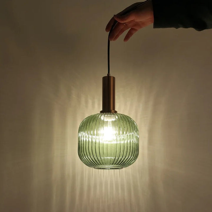 Modern Brass and Ribbed Glass Pendant Light Trio