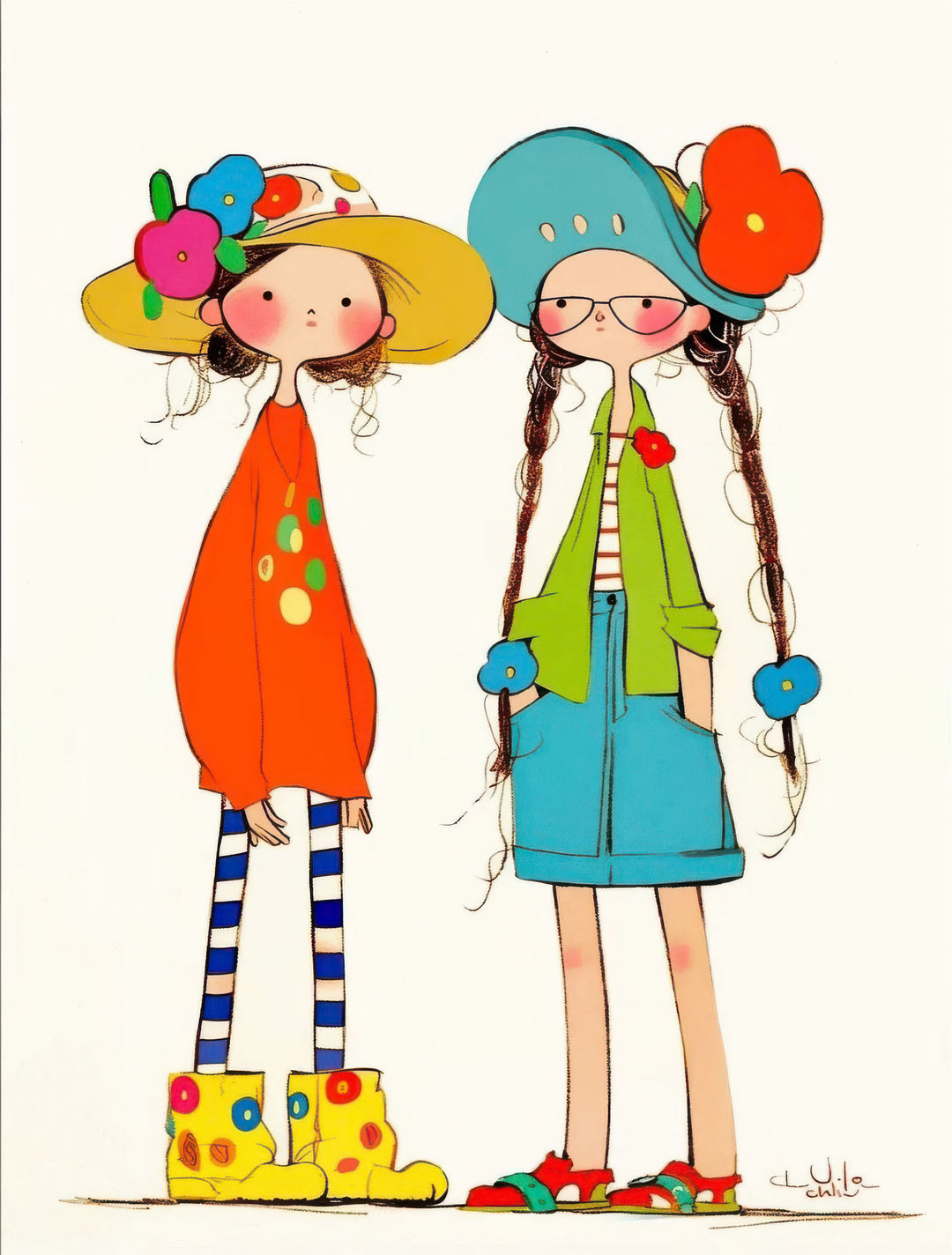 Whimsical Girls Art Canvas featuring two playful girls in vibrant outfits and hats on premium, water-resistant canvas with MDF frame and glass front.