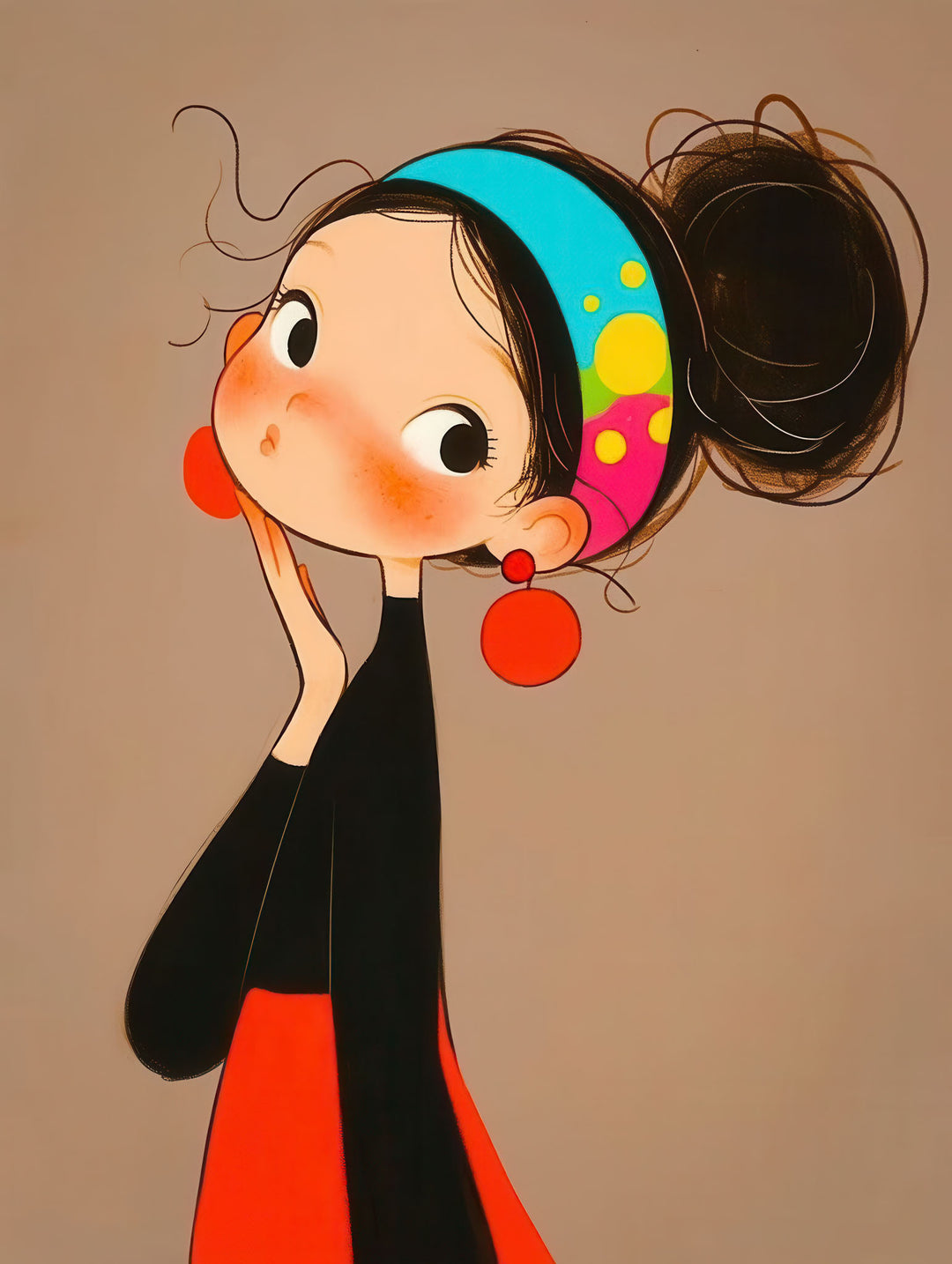 Whimsical girl portrait with colorful accessories on neutral background canvas artwork