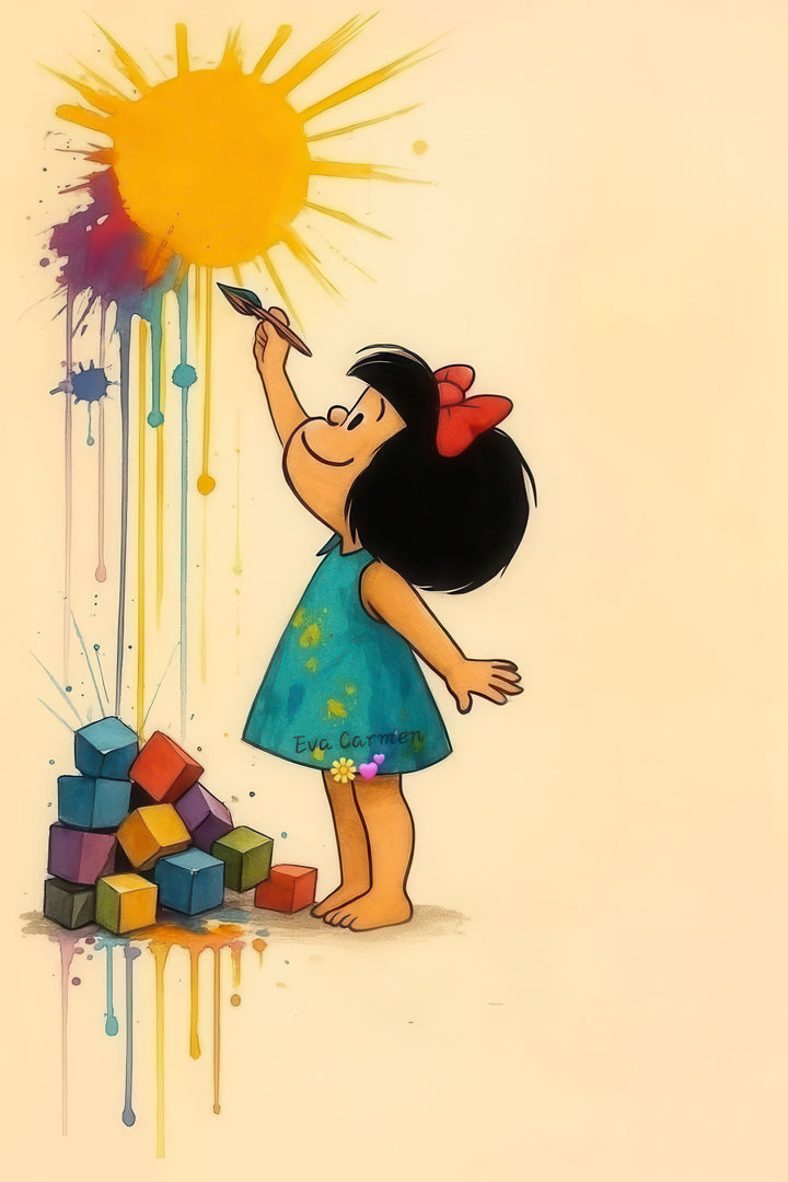 Joyful child painting bright sun on colorful canvas in MDF frame