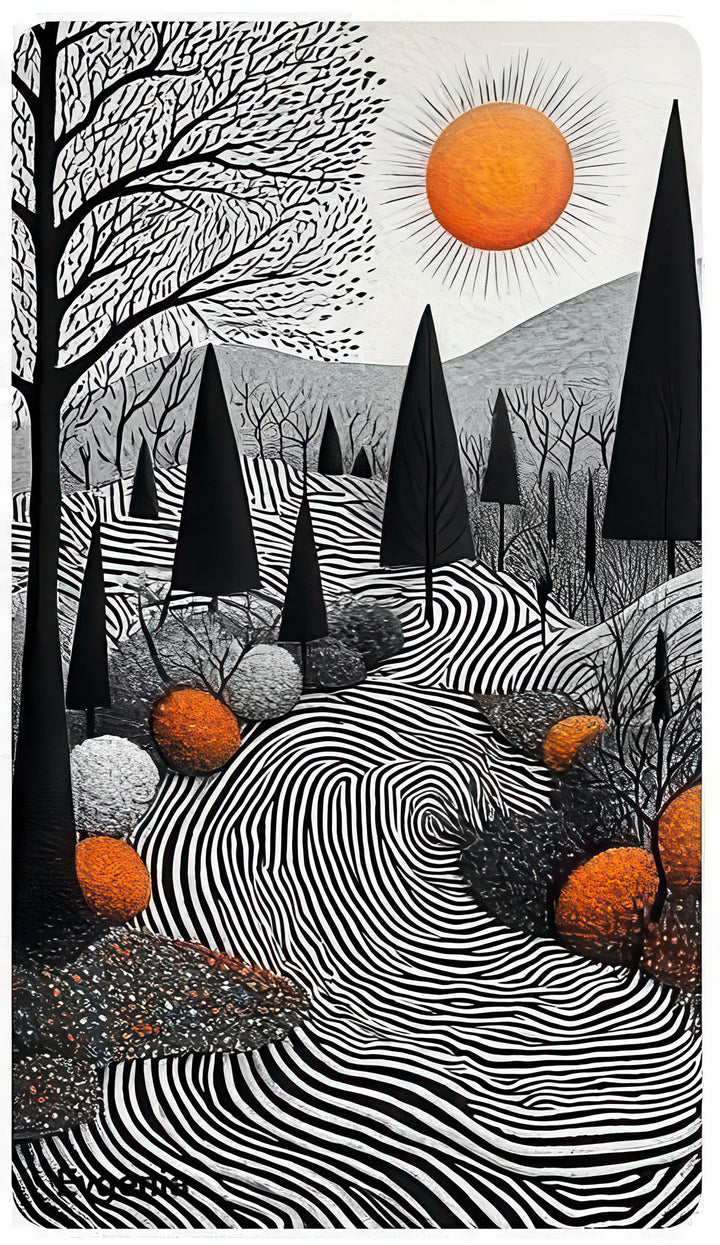 Abstract forest path canvas with black-and-white flowing lines, stylized trees, and orange accents on premium canvas