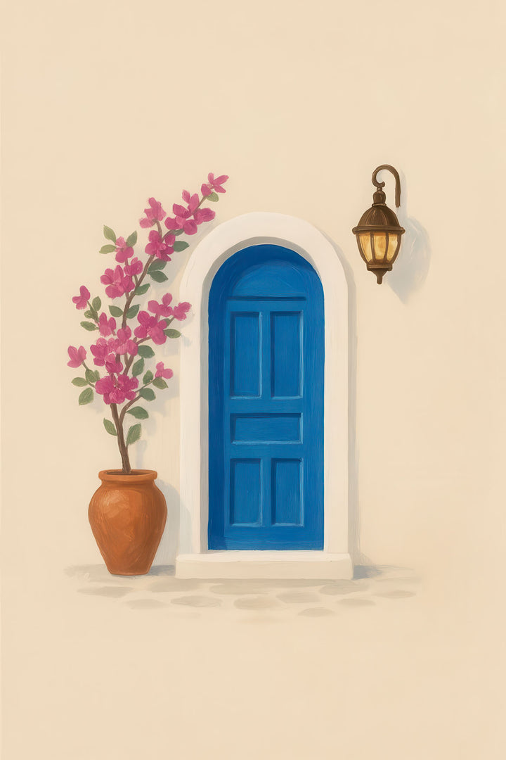 Blue door floral canvas with terracotta pot and lantern in Mediterranean style