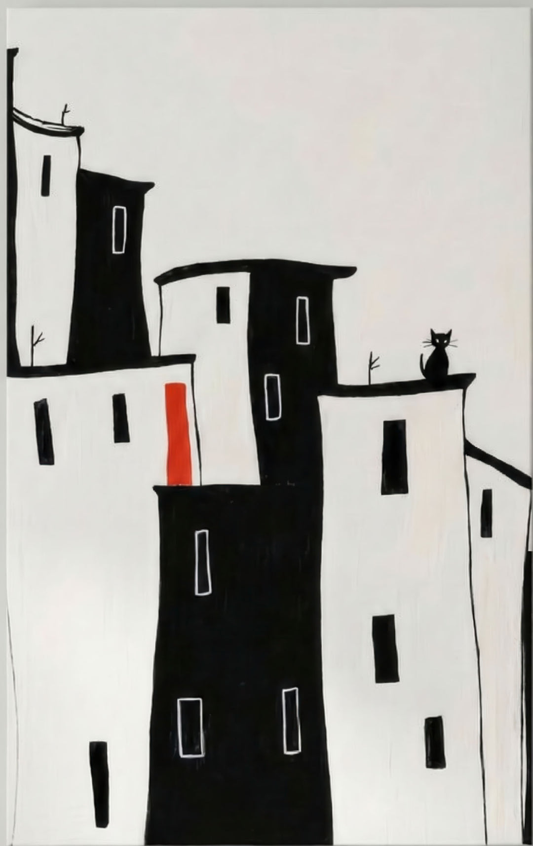Minimal black and white city canvas with abstract buildings and red accent in MDF frame