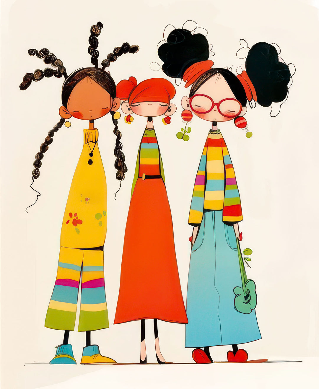 Whimsical Trio Friends illustrated canvas with three colorful characters in playful outfits on premium material