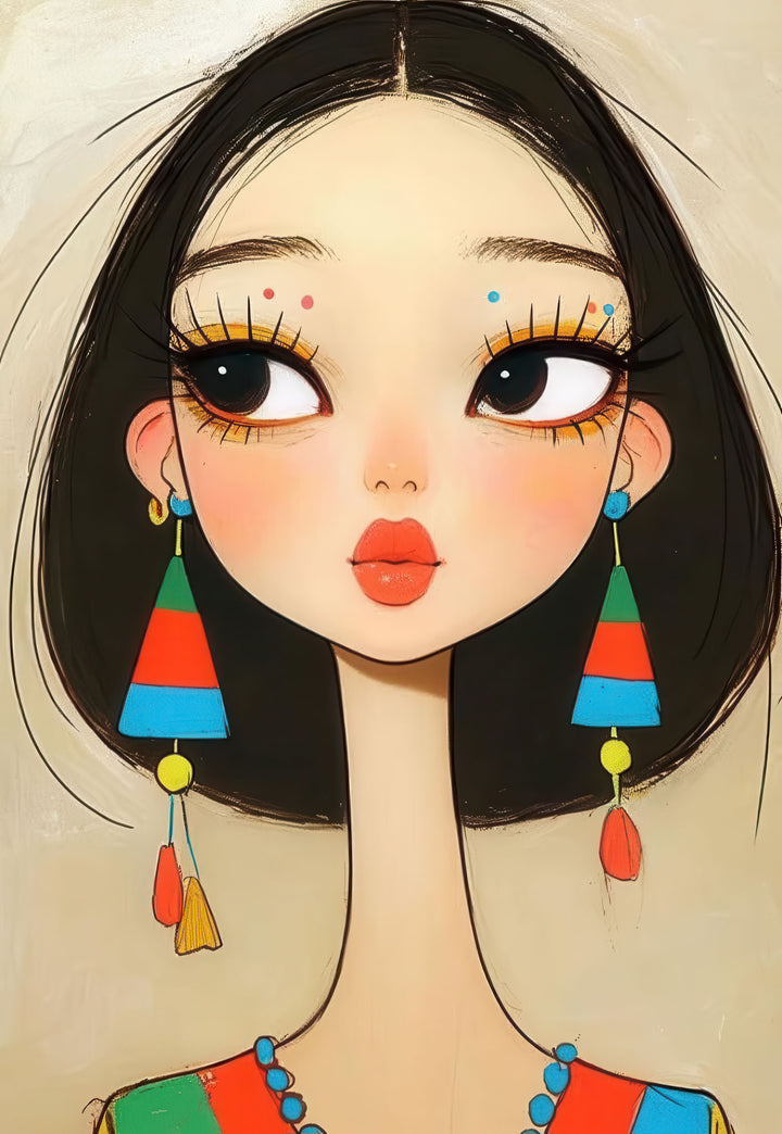 Boho girl portrait canvas with stylized girl, colorful earrings, and neutral tones in MDF frame