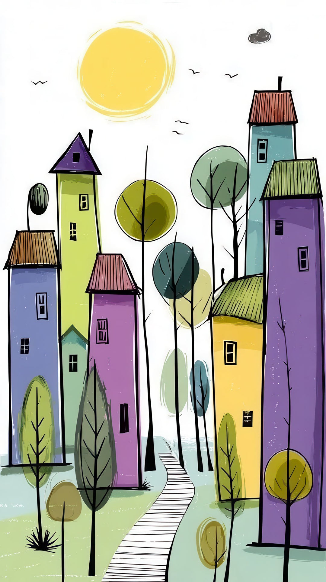 Whimsical colorful village canvas with bright houses and playful trees under a sunny sky