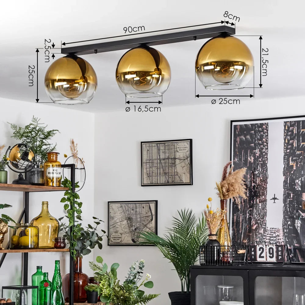 Modern Linear Ceiling Light with Amber Glass Globes