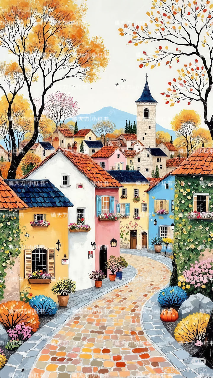 Autumn village path canvas artwork with colorful European village and autumn trees