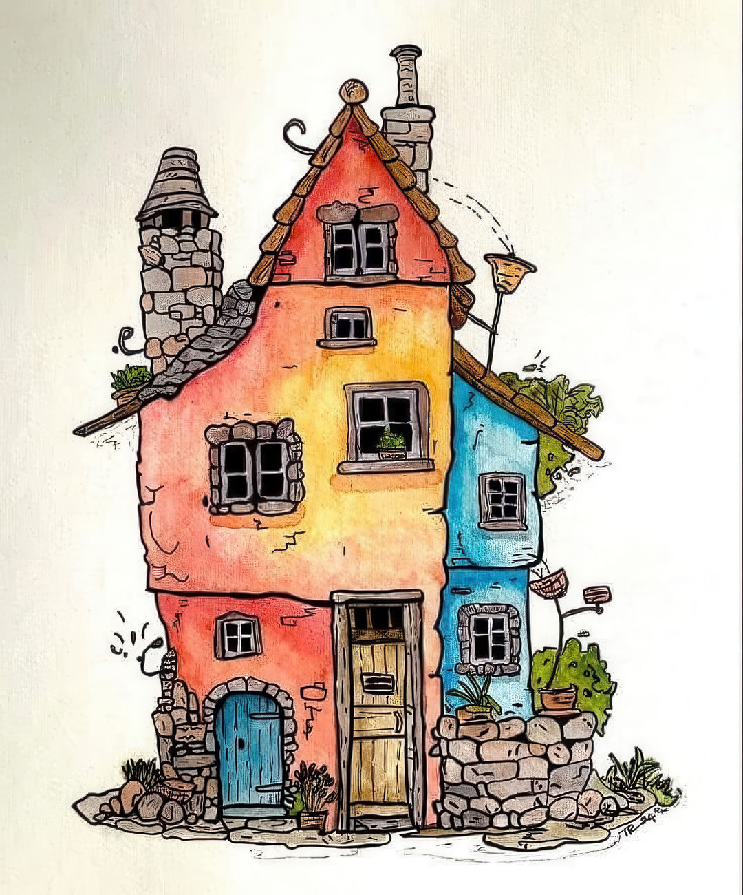 Whimsical colorful house hand-drawn watercolor canvas art with playful details and MDF frame