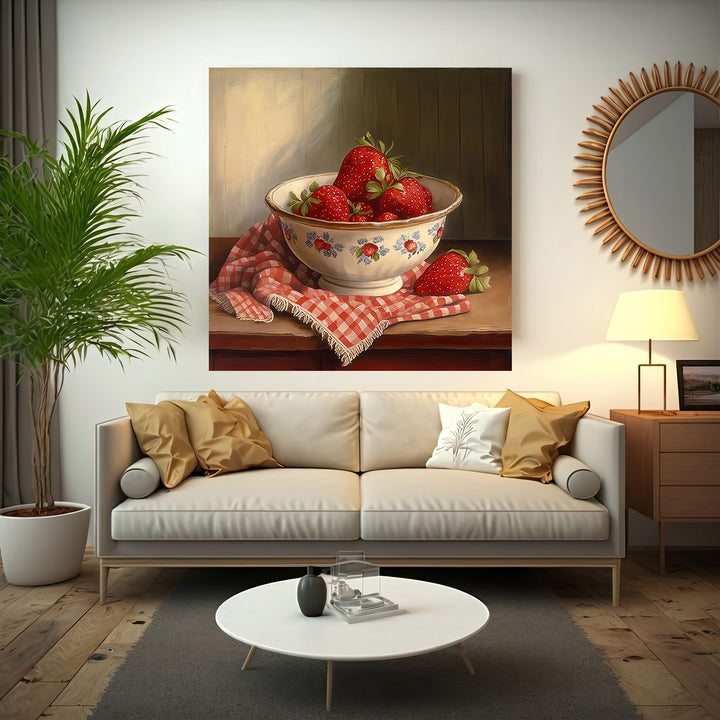 Strawberries still life canvas art of fresh strawberries in a bowl on rustic table