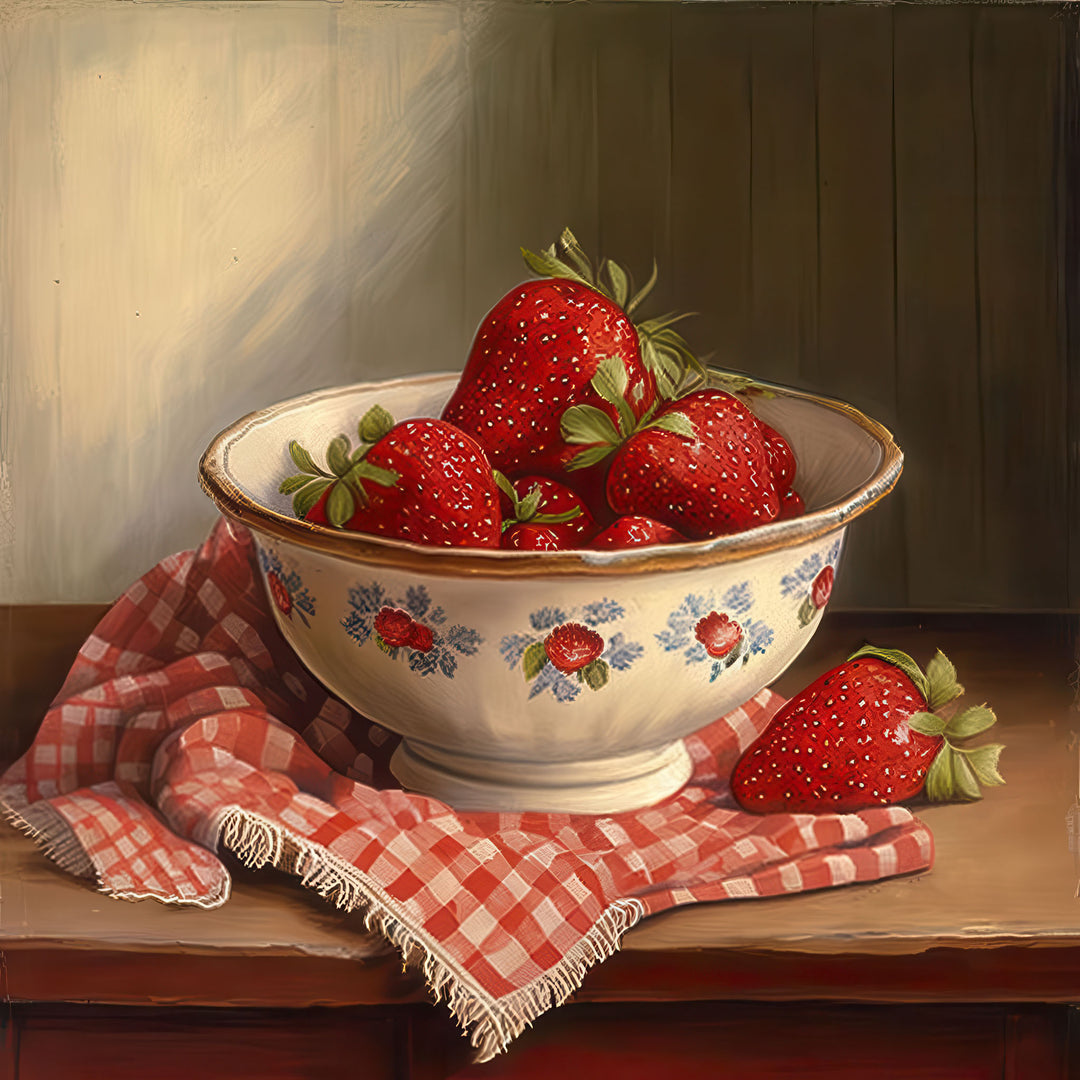 Strawberries still life canvas art of fresh strawberries in a bowl on rustic table