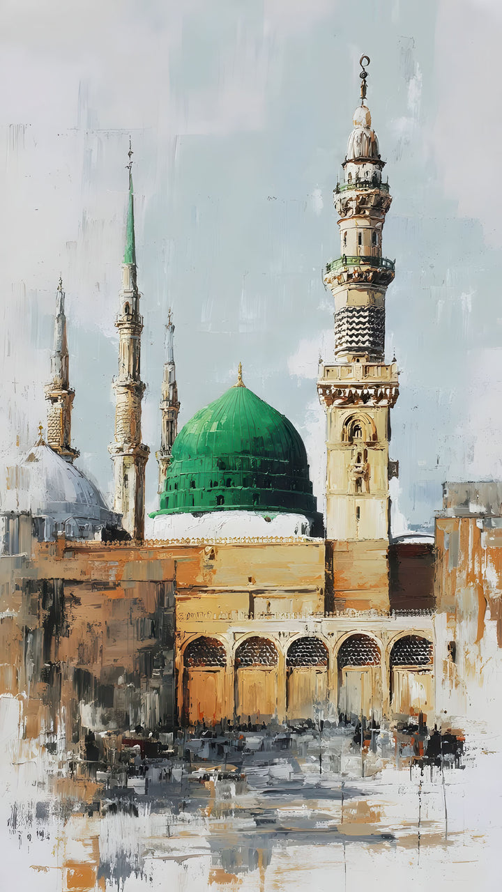 Al Masjid An-Nabawi canvas wall art featuring the Prophet's Mosque with green dome and minarets in elegant MDF frame