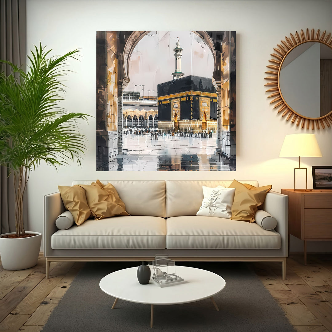 Al Kaaba canvas wall art featuring the Holy Kaaba framed by Grand Mosque arches on premium canvas with MDF frame and glass front