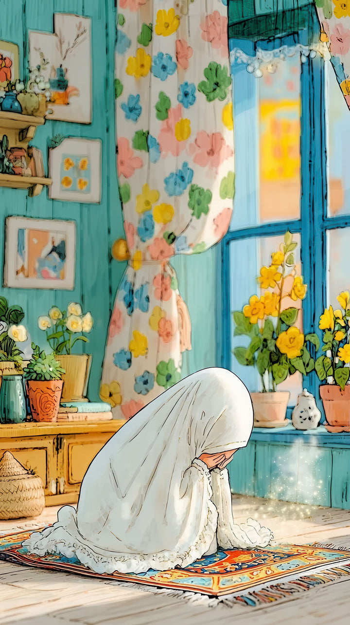 Serene prayer canvas wall art featuring a young girl praying in a peaceful, softly lit interior with warm, calming colors