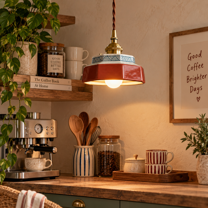 Vintage Red Enamel Pendant Light with Brass Fittings – 15 cm