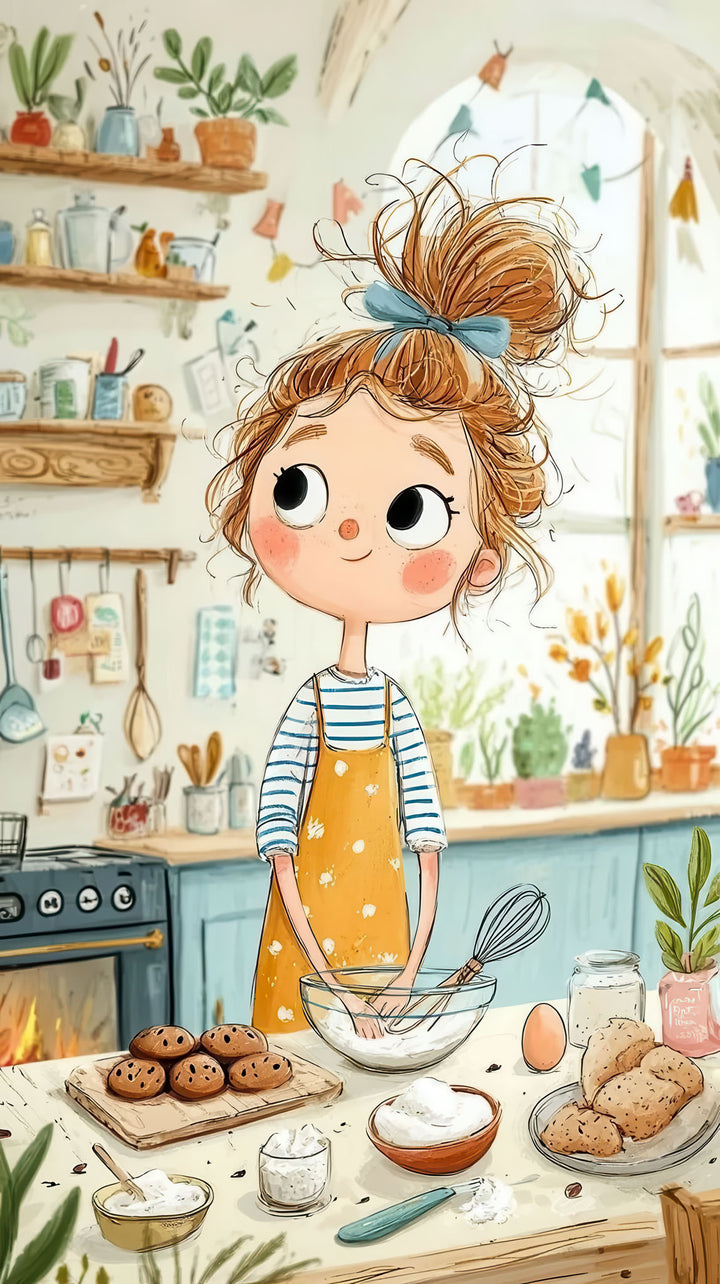 Whimsical girl baking in cozy kitchen canvas art with MDF frame and glass front panel