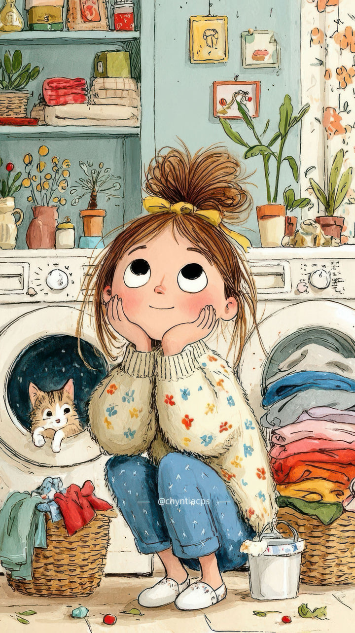 Whimsical Laundry Day Canvas featuring a cheerful girl in a colorful laundry room with MDF frame and glass front panel.