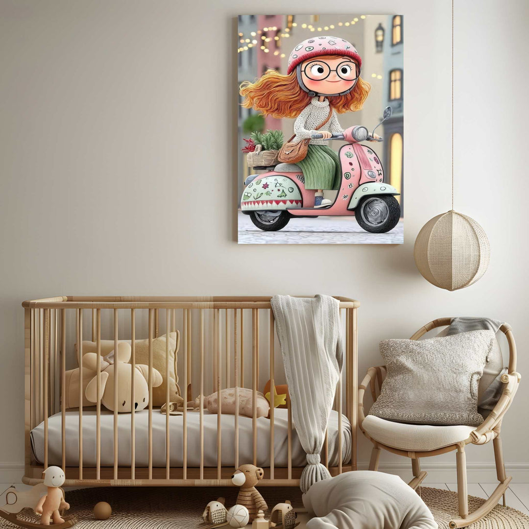 Whimsical girl on pastel pink scooter canvas art with MDF frame and glass front panel for kids room decor