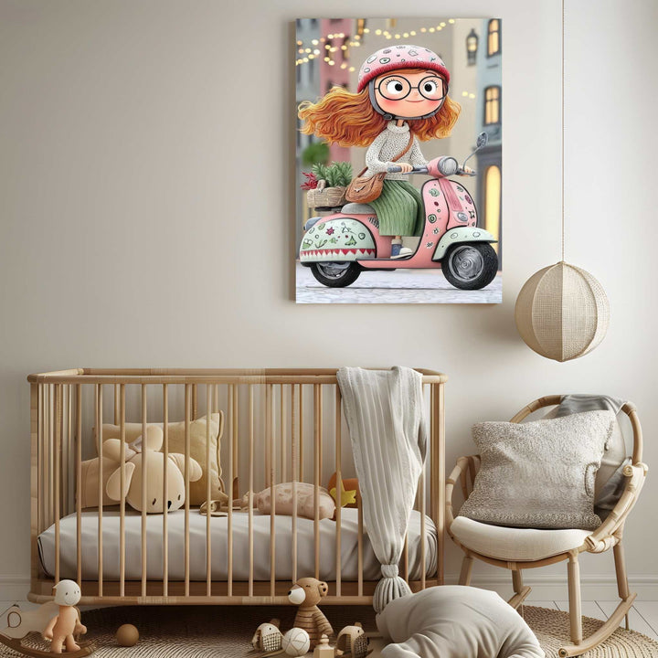 Whimsical girl on pastel pink scooter canvas art with MDF frame and glass front panel for kids room decor