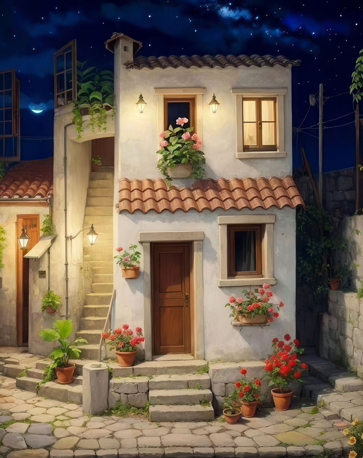 Mediterranean courtyard house under starry night canvas art with MDF frame