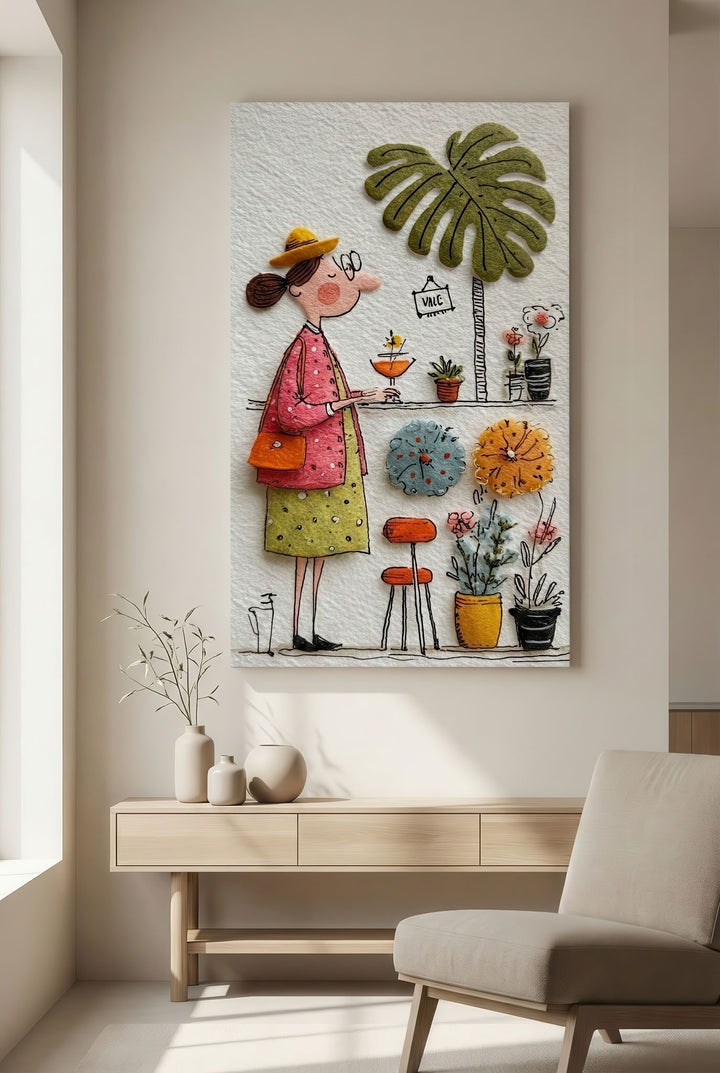 Whimsical cafÃƒÆ’Ã†â€™Ãƒâ€šÃ‚Â© girl enjoying drink on canvas art with plants and cozy cafÃƒÆ’Ã†â€™Ãƒâ€šÃ‚Â© setting