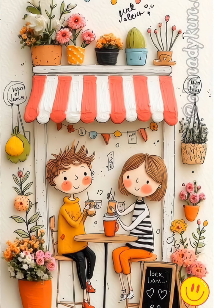 Cute cafÃƒÆ’Ã†â€™Ãƒâ€šÃ‚Â© friends canvas artwork with two friends enjoying drinks and floral accents
