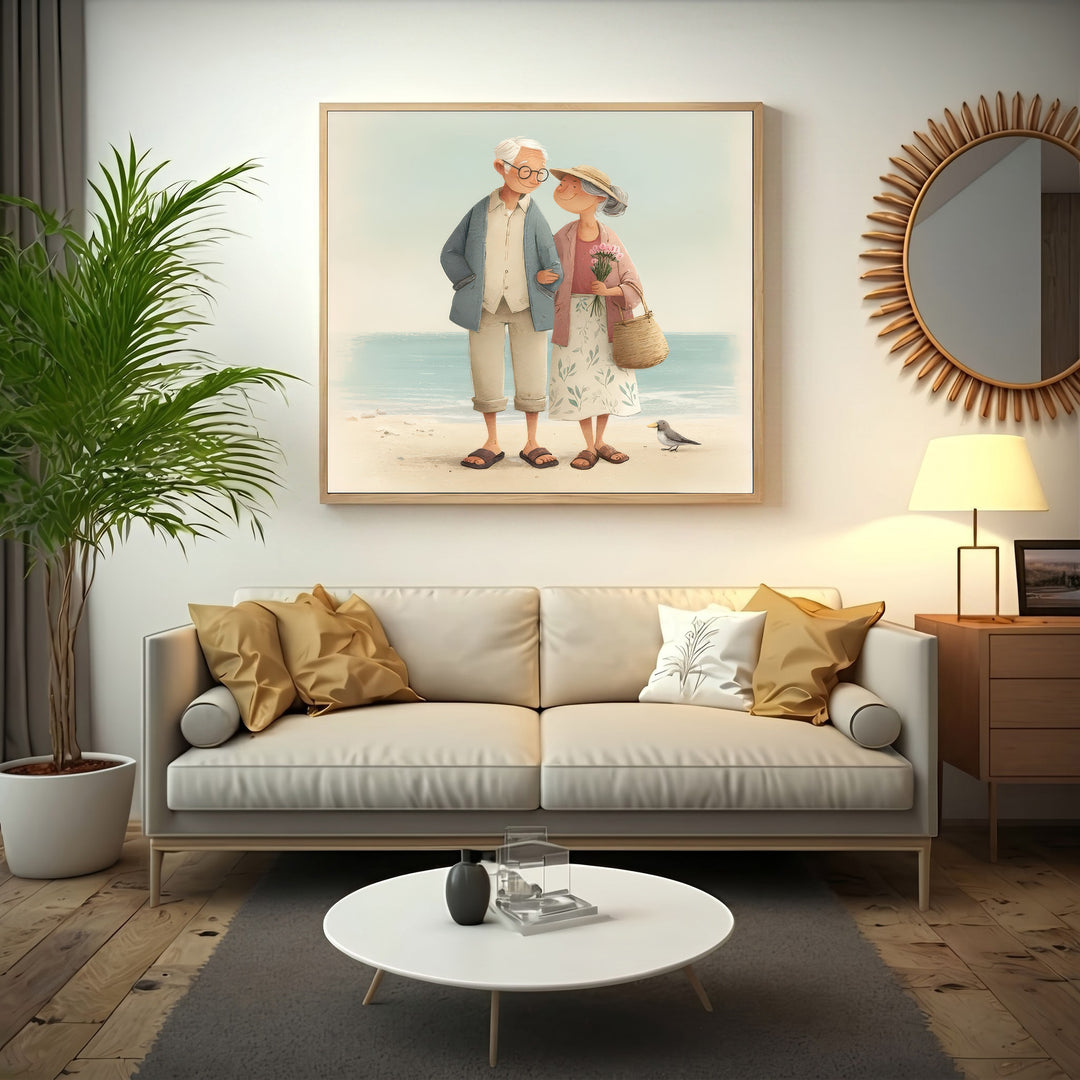 Elderly Couple by the Sea Canvas Art - Heartwarming Coastal Decor