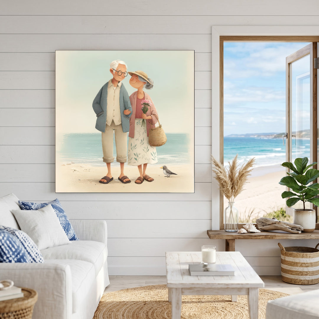 Elderly couple walking by the sea canvas art with soft pastel tones and coastal setting