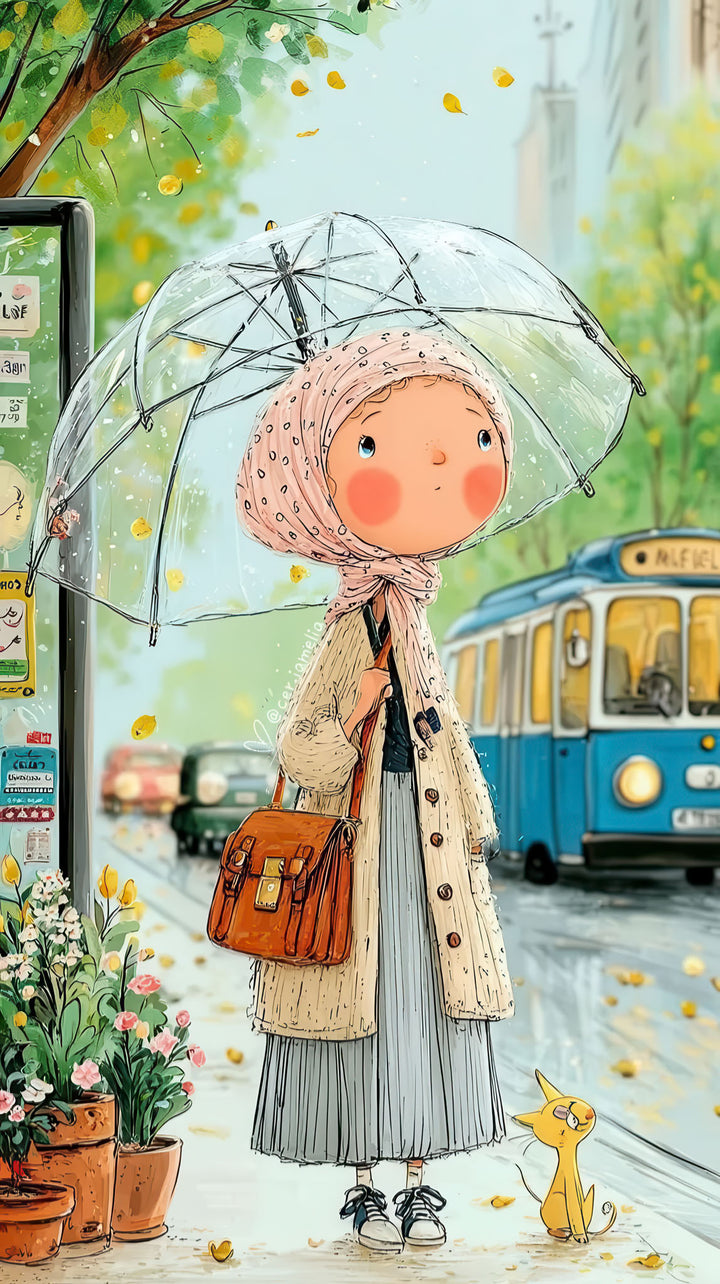 Girl with umbrella canvas art on rainy city street with soft colors and cozy details