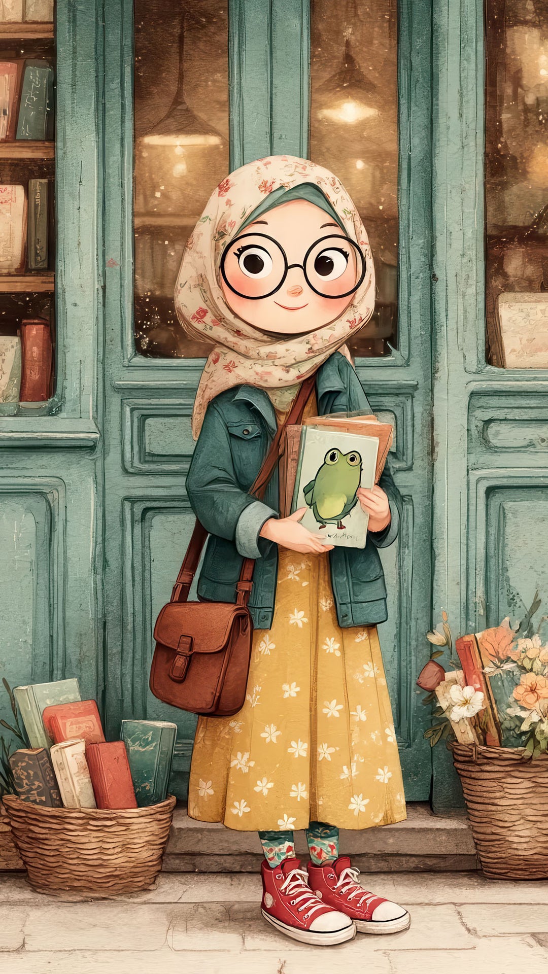 Cute book lover girl standing in front of bookstore canvas art with warm tones and playful illustration