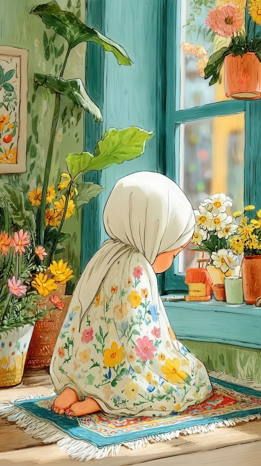 Peaceful prayer girl praying by sunlit window surrounded by plants canvas art