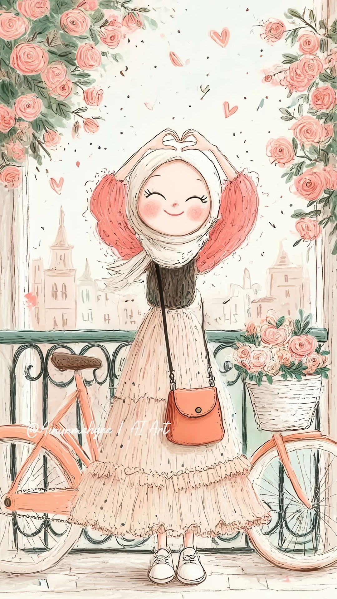 Romantic girl forming heart shape beside bicycle with blooming roses canvas art in pastel tones