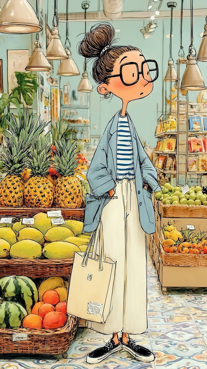 Stylish market girl canvas art featuring a fashionable girl shopping at a vibrant fruit market with warm colors and trendy details