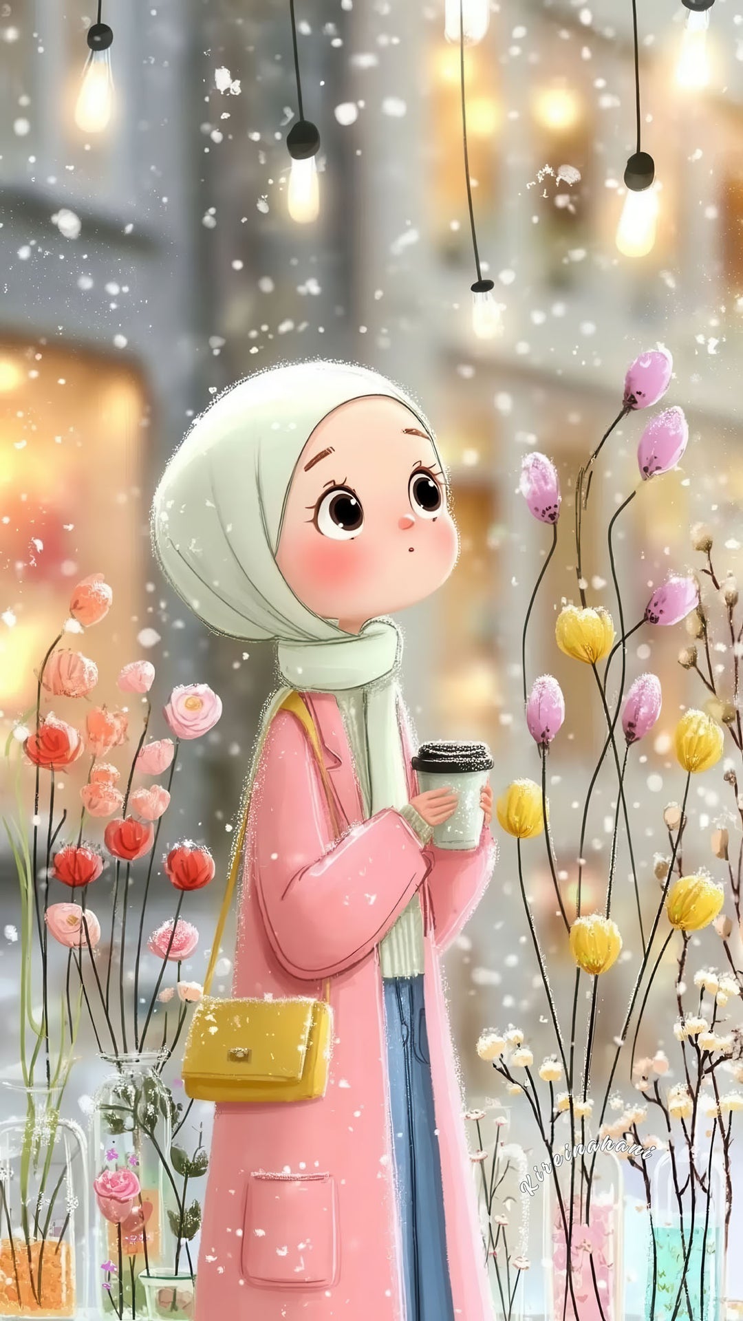 Cozy winter girl canvas art with pastel tones holding warm drink among snow and glowing lights