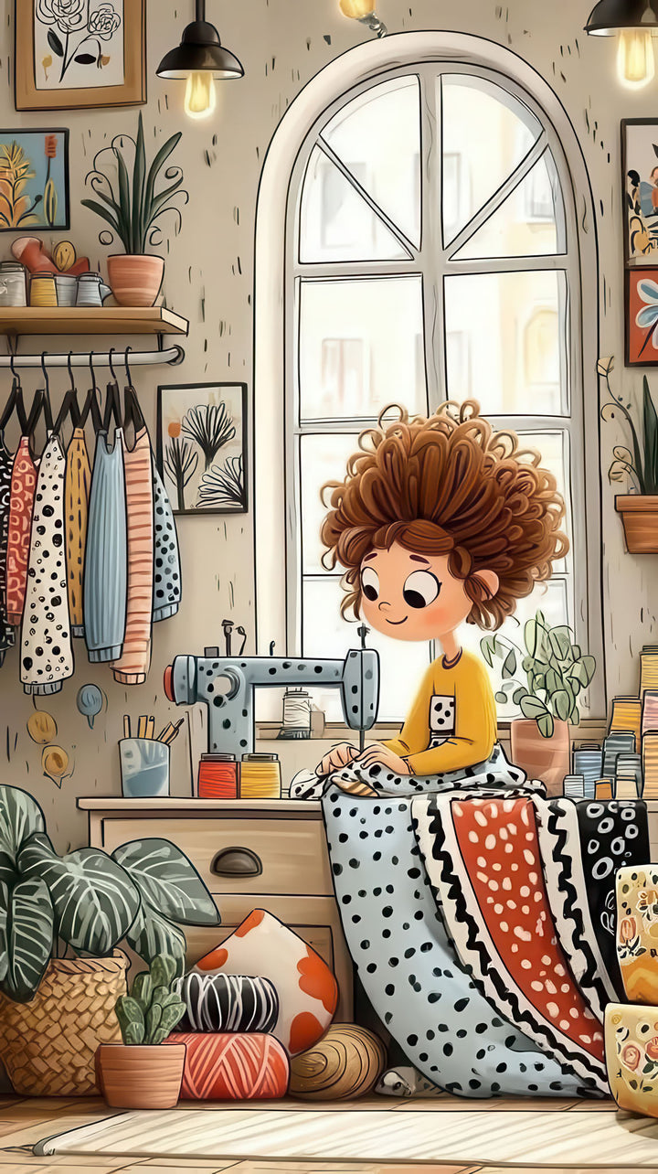 Cozy atelier girl sewing on canvas wall art with colorful fabrics and plants