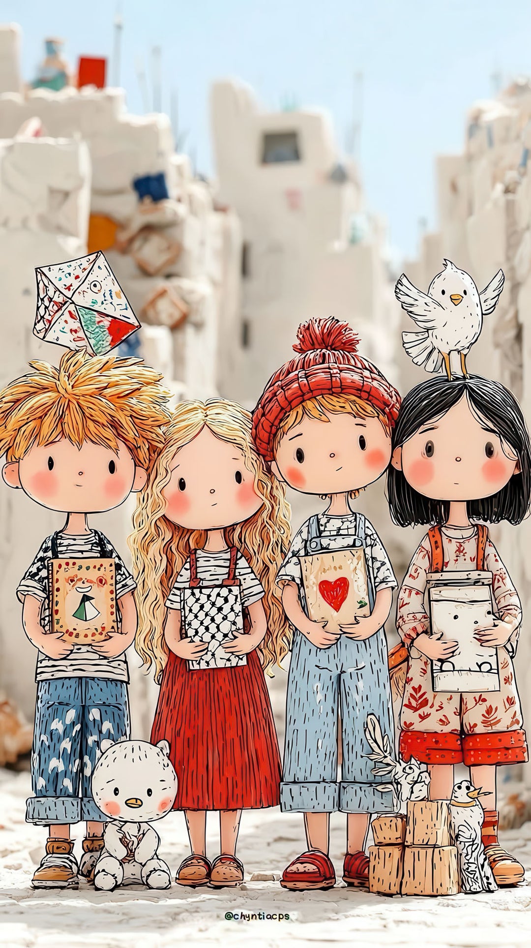 Childhood Friends canvas wall art featuring children in old-town setting symbolizing friendship and innocence