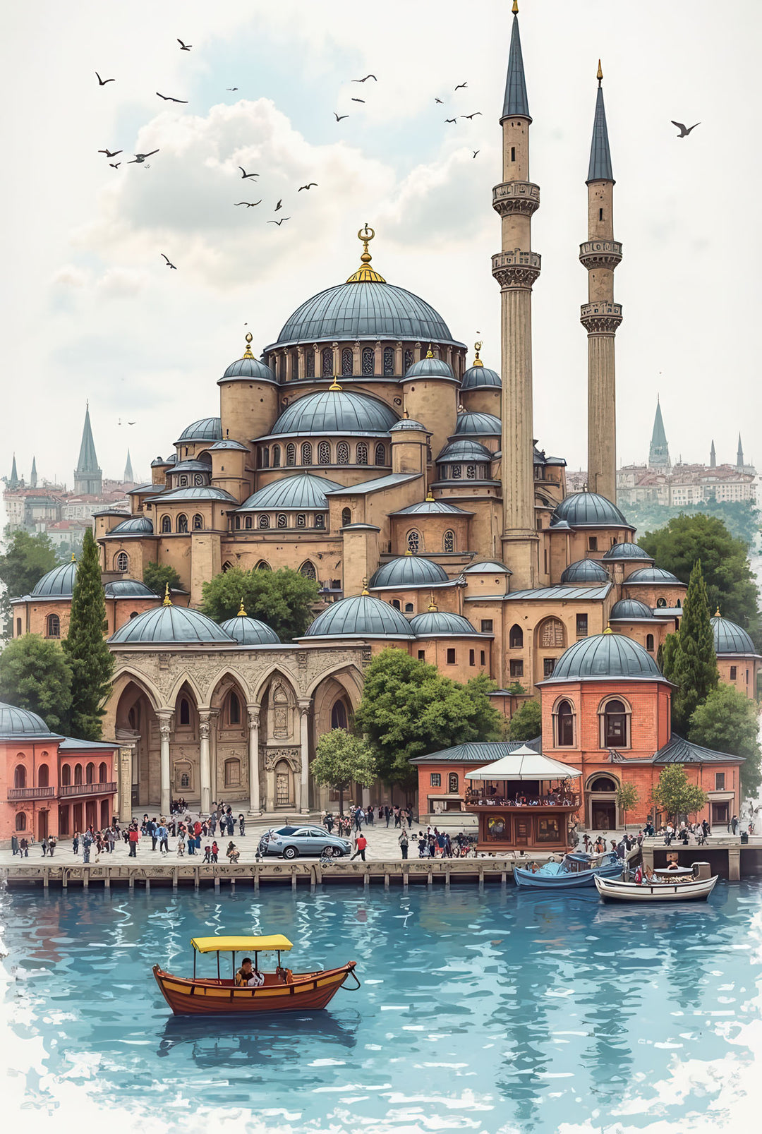 Istanbul mosque waterfront canvas wall art with historic domes and boats
