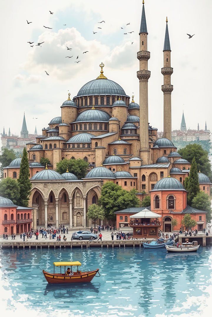 Istanbul mosque waterfront canvas wall art with historic domes and boats