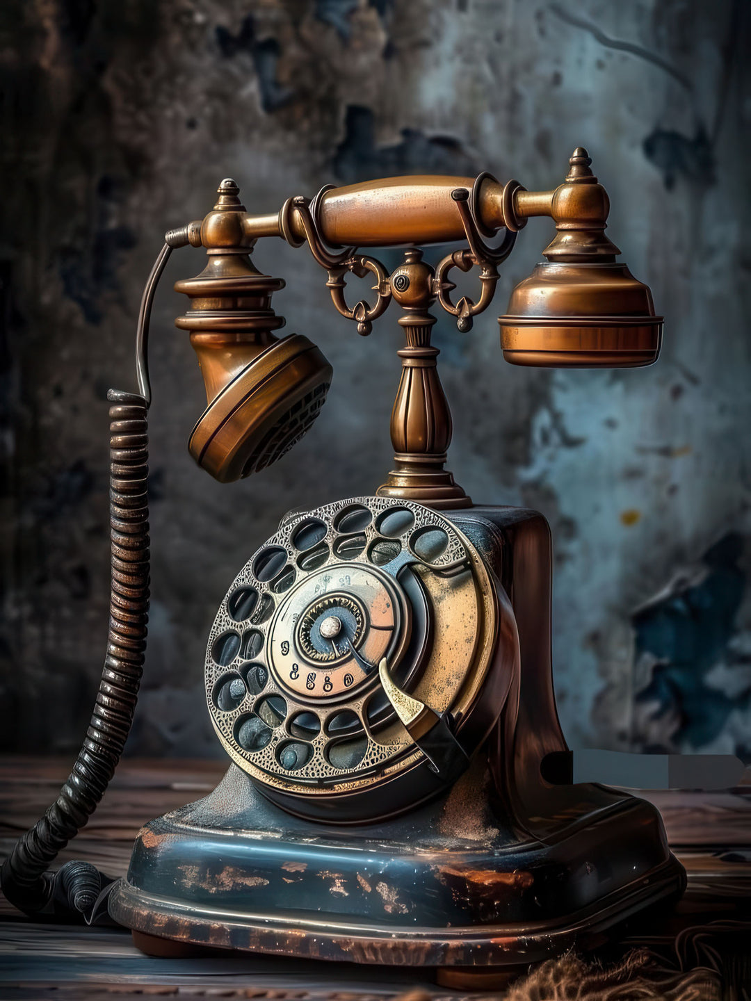 Vintage rotary telephone canvas wall art with metallic tones and distressed finish in MDF frame