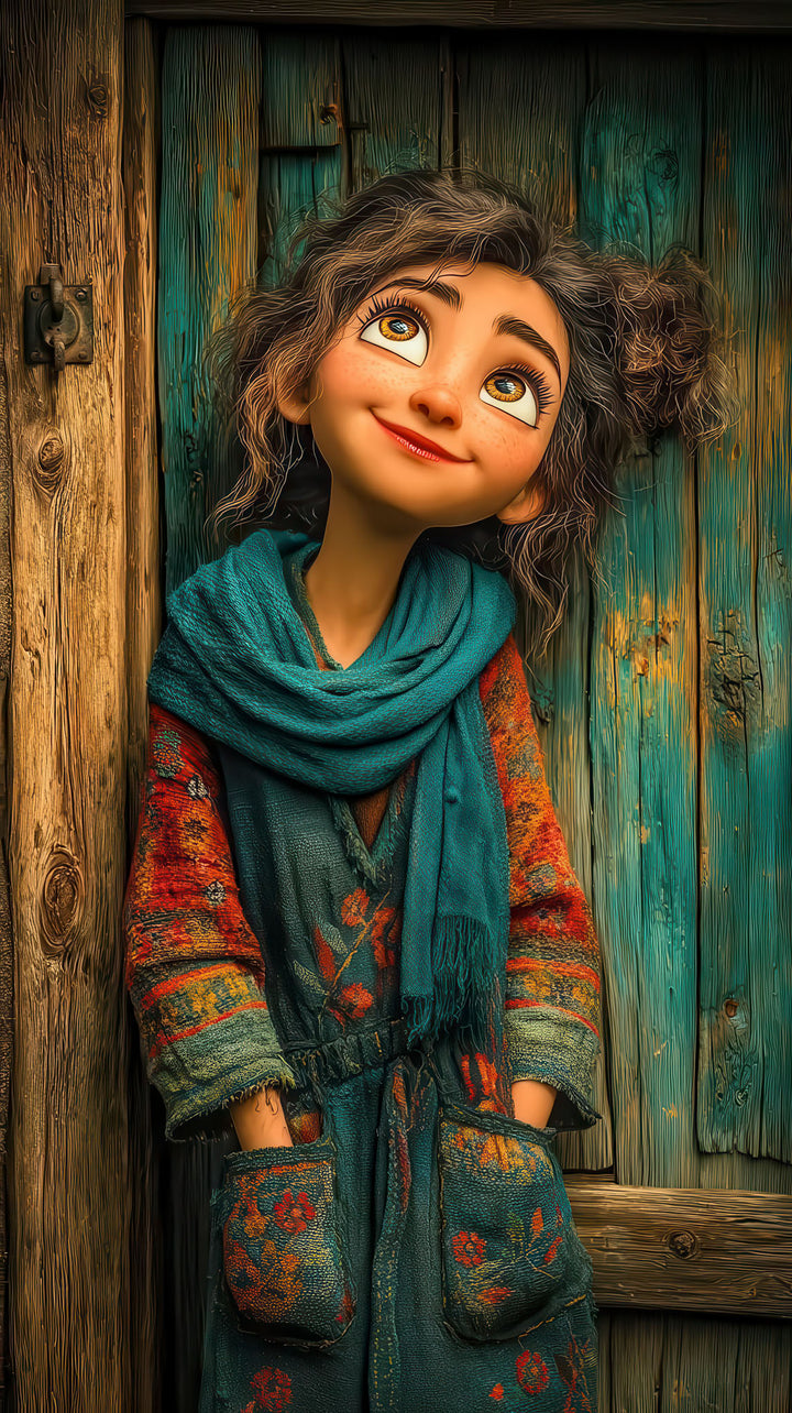 Whimsical girl portrait with warm smile on textured canvas wall art